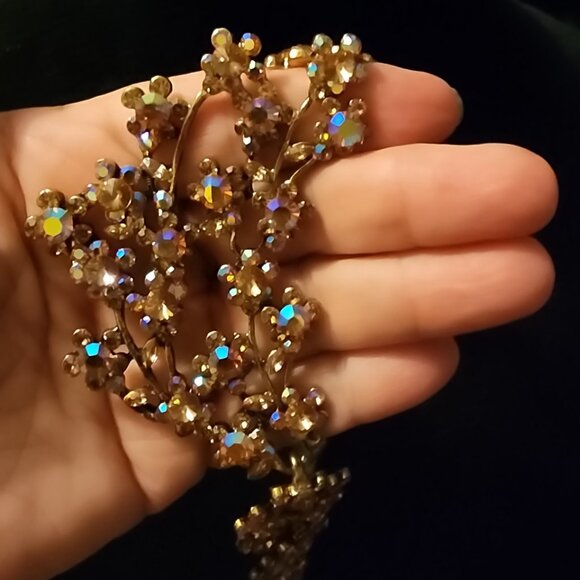 Vintage MCM Golden AB Rhinestone Flower Necklace Heavy Gold Plate Rivoli Stones - Picture 4 of 14